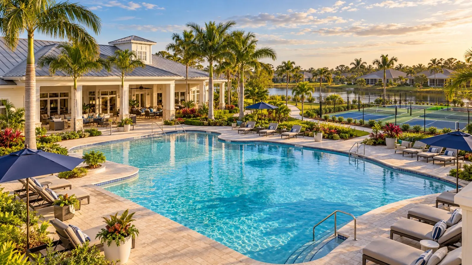 Resort-style community pool, clubhouse and pickleball courts in a Treasure Coast 55+ community