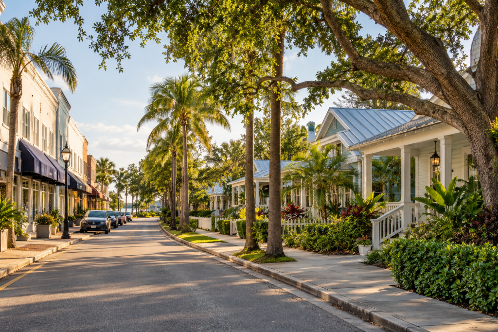 Coastal downtown streetscape with historic cottages, front porches, and palm-lined sidewalks