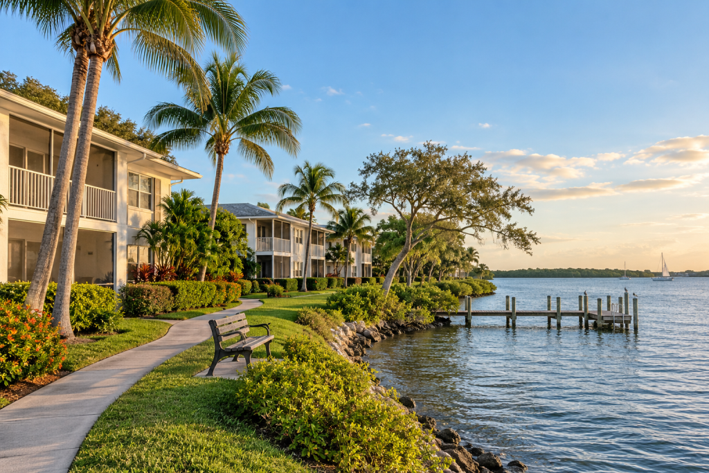 Low-rise coastal condos with palm-lined grounds, a waterfront walking path, and a river dock