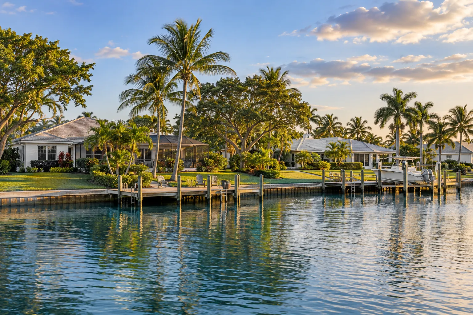 Waterfront homes with mature palms and private boat docks along a quiet Florida canal