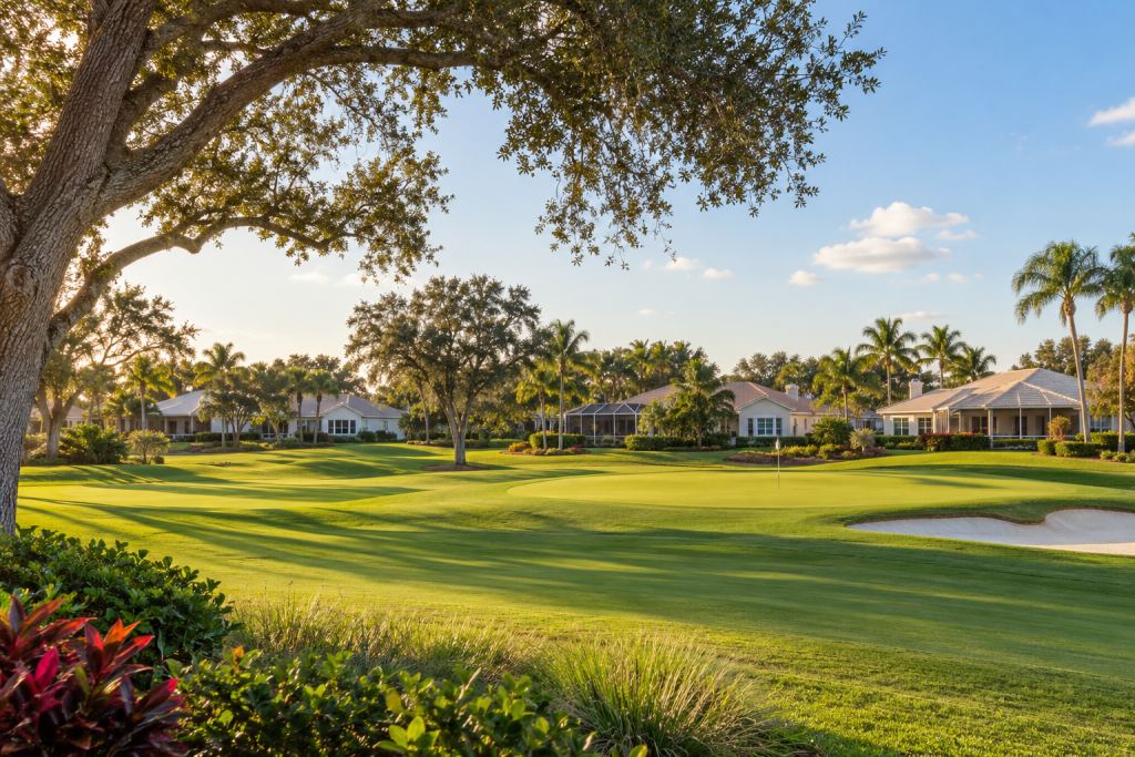 Florida country club homes overlooking a golf green framed by palms and mature oak trees
