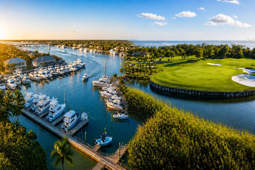 Aerial view of a marina with yachts beside a golf course green along a waterway