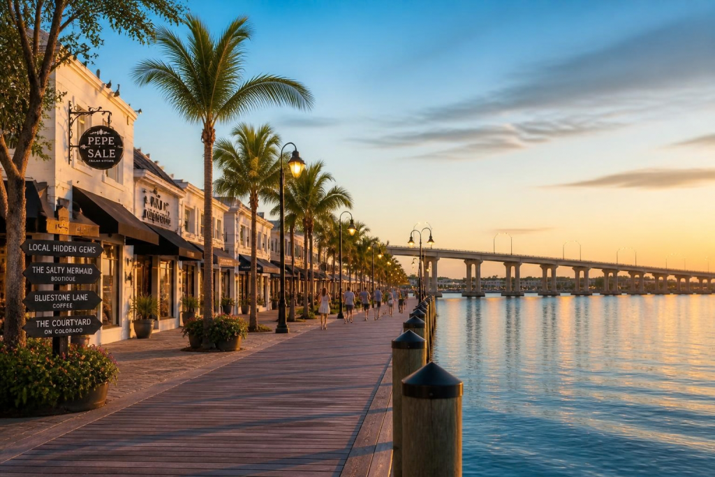 Waterfront boardwalk with shops and palm trees at sunset beside a bridge