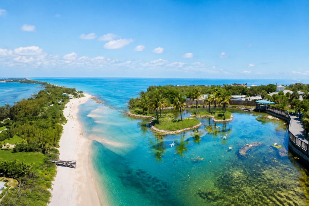 Aerial view of a sandy beach, turquoise water, and a palm-covered peninsula