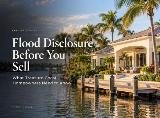Luxury waterfront home with a wooden dock on the Treasure Coast at sunset, with the title Flood Disclosure Before You Sell