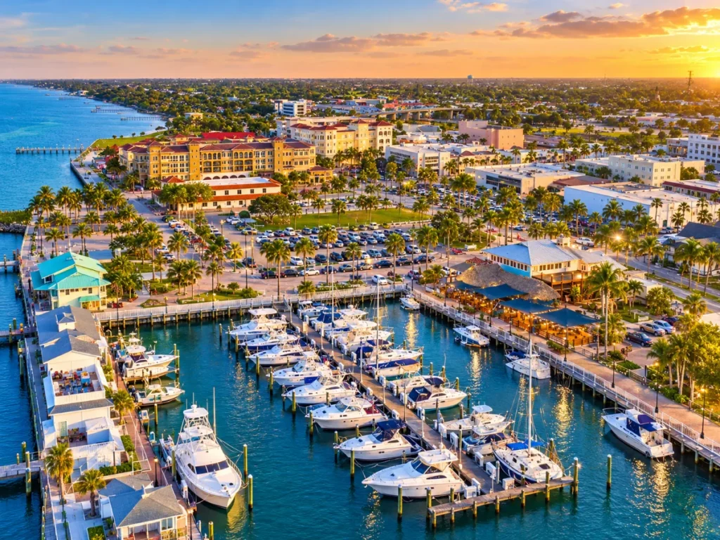 Downtown Fort Pierce's waterfront, with marina boats, palm-lined walkways, and local buildings at sunset.