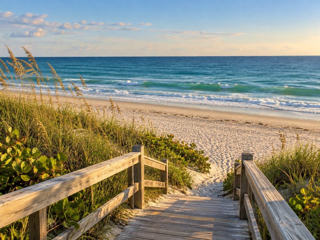Wooden beach access through sea-oat dunes to a sandy shoreline and blue ocean.