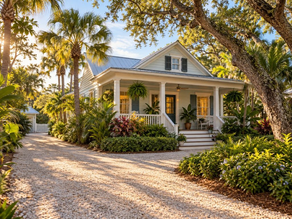 Coastal cottage with a shaded front porch and tropical landscaping.