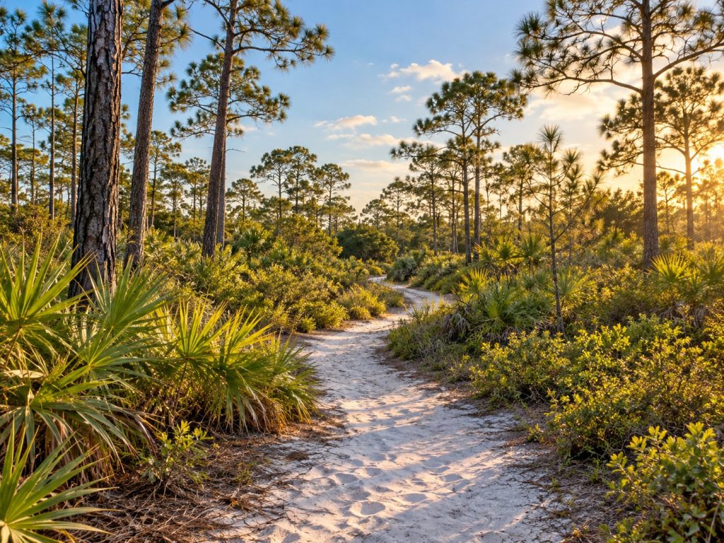 Sandy hiking trail winding through native pines, palmettos, and scrub vegetation.