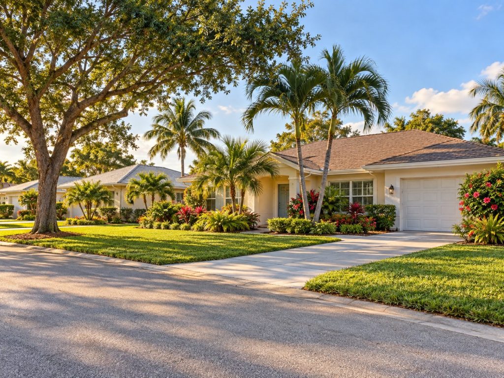 Illustrative single-story Florida home with spacious grounds and mature shade trees.