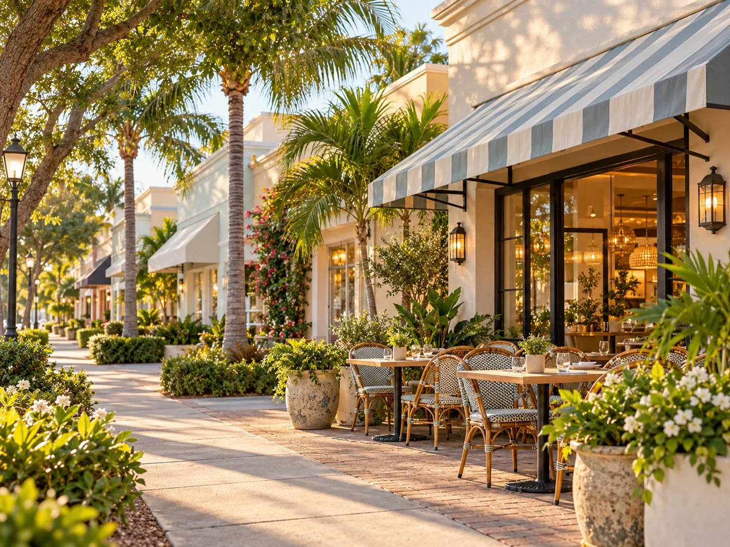Village streetscape with shaded outdoor dining, local shops, and tropical landscaping.
