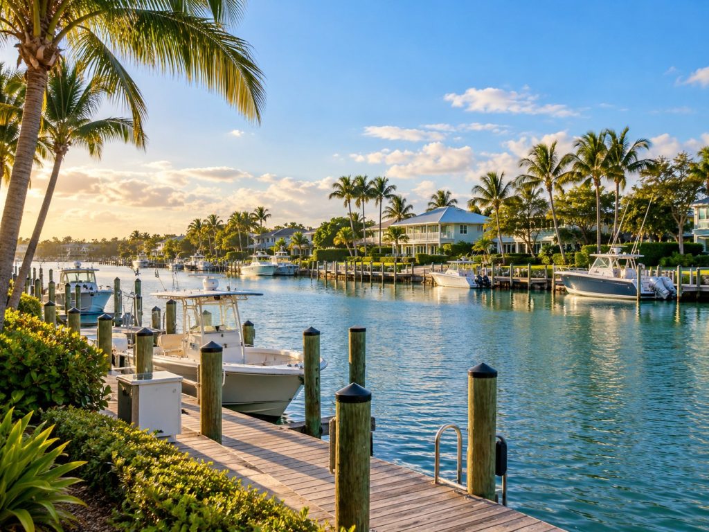 Waterfront neighborhood with boats, wooden docks, coastal homes, and palms.