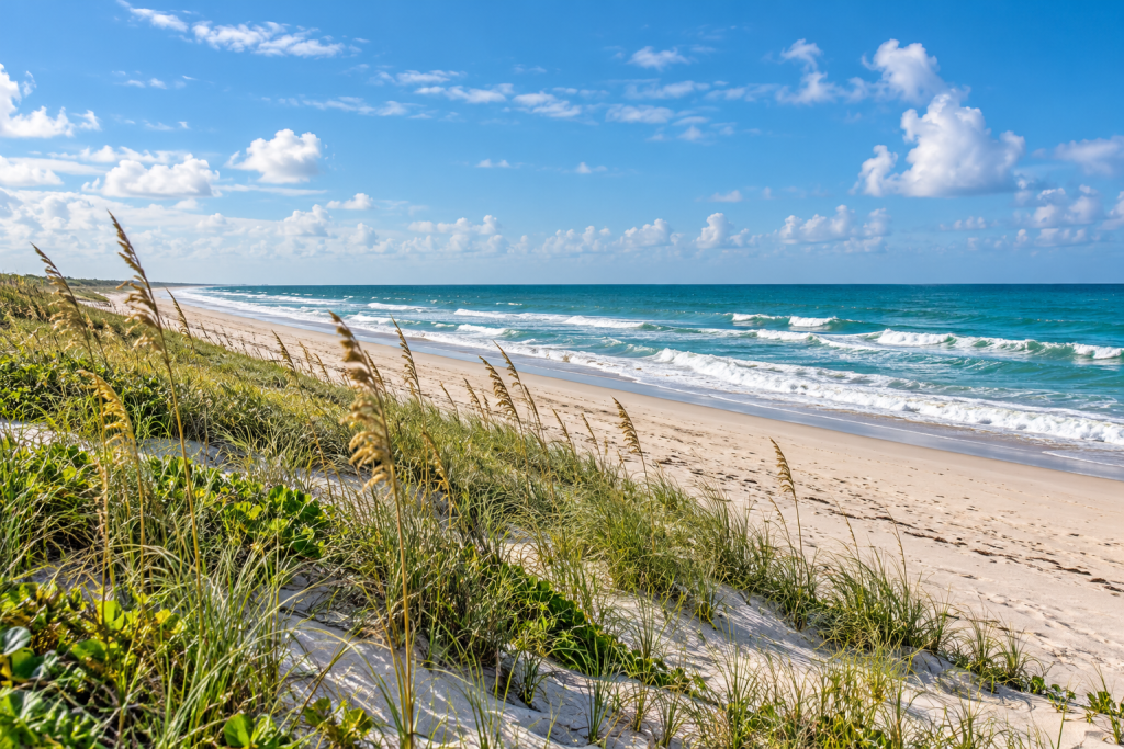 Sea oats on the dunes above a wide sandy beach and turquoise Atlantic surf on North Hutchinson Island