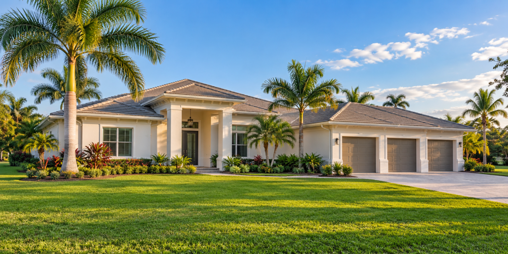Single-story coastal home with tile roof, three-car garage, and palm trees on a manicured lawn in western Fort Pierce
