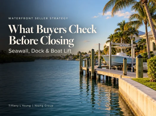 Center console boat on a boat lift beside a wood dock and seawall, with the text Waterfront Seller Strategy: What Buyers Check Before Closing, Seawall, Dock & Boat Lift