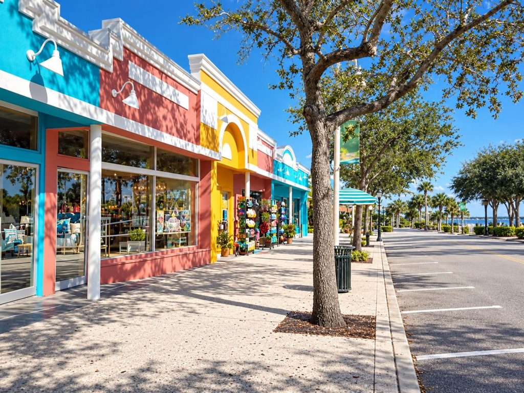 Colorful downtown storefronts along a tree-lined street with the waterfront in the distance