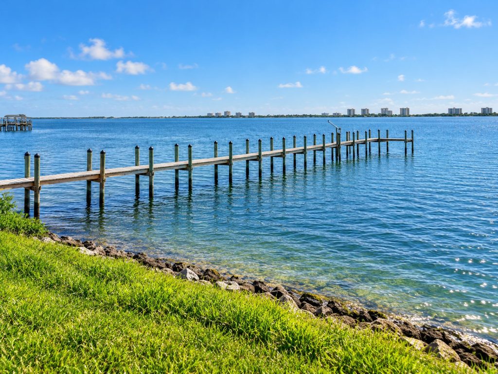Wooden dock extending into the calm blue Indian River Lagoon with a grassy rock-lined shoreline