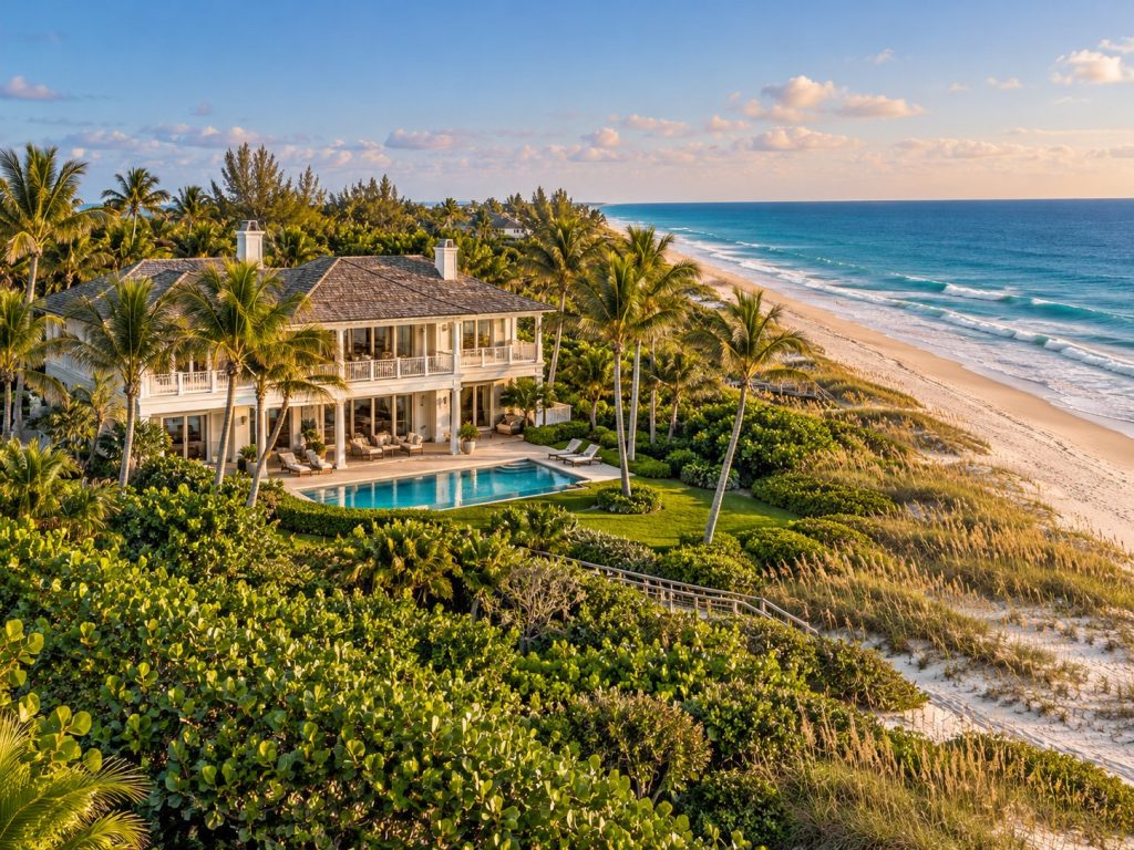 Oceanfront estate with a pool, lush grounds, dunes, and sandy beach.