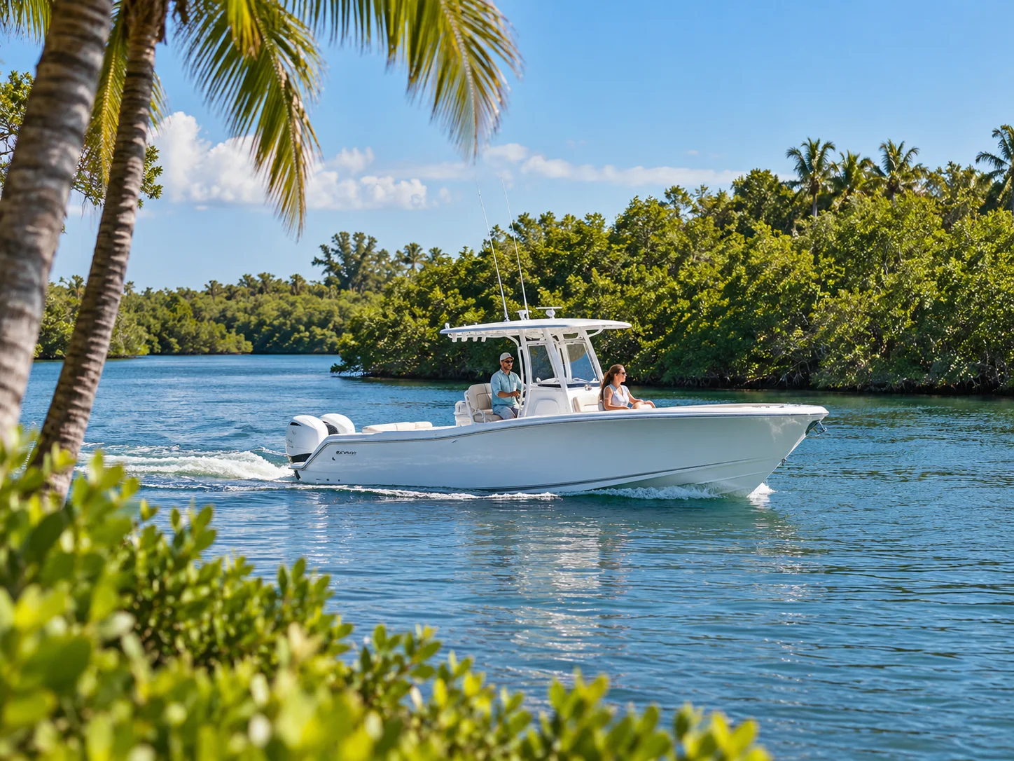 Boat cruising along a Treasure Coast riverfront shoreline