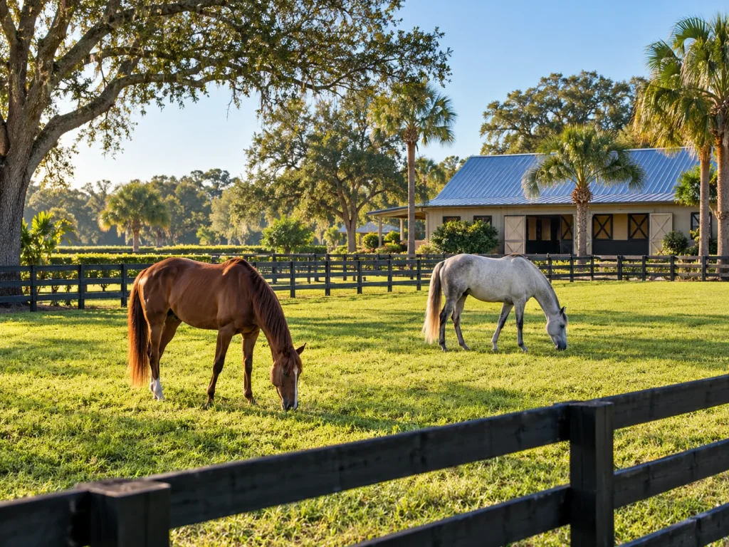 Two horses grazing in a fenced pasture beside a barn