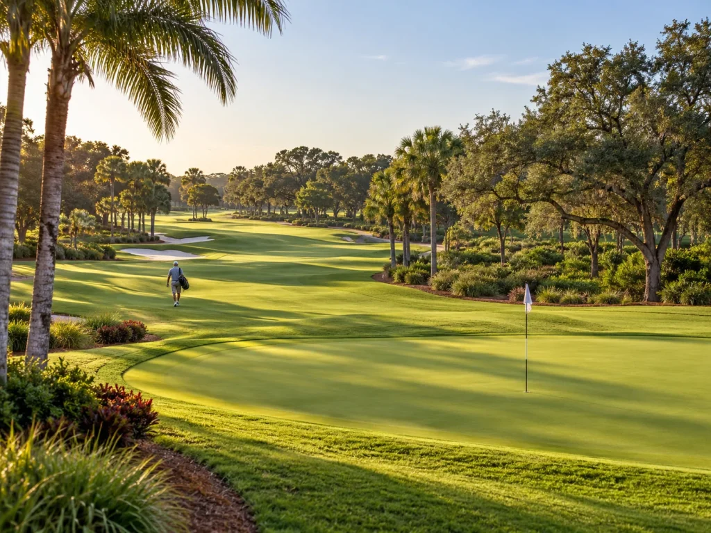 Golf course fairway and putting green lined with palms and mature oak trees