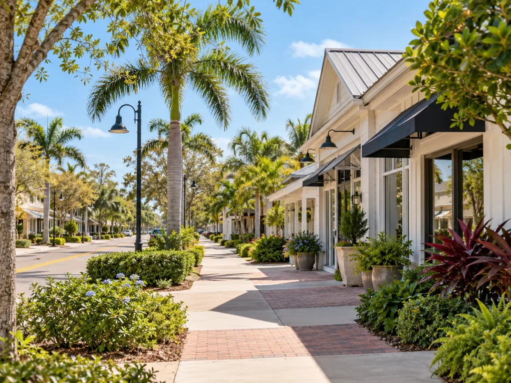 Palm-lined town streetscape with shops, awnings, and landscaped sidewalks