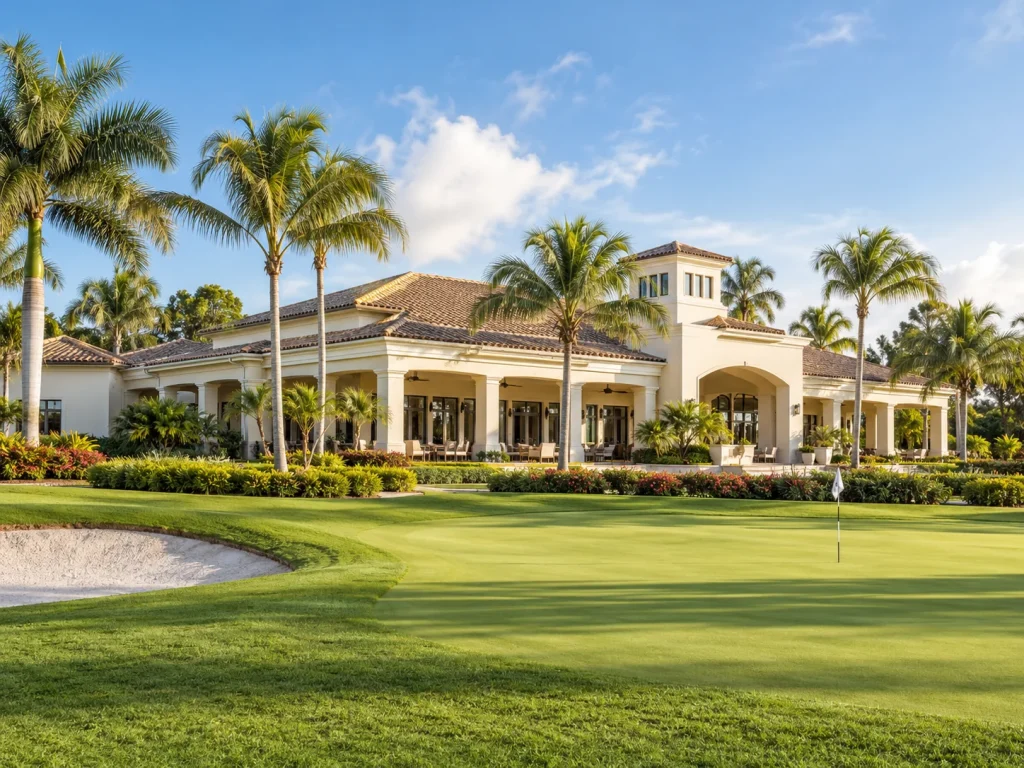 Country club clubhouse with palm trees beside a golf green and sand bunker