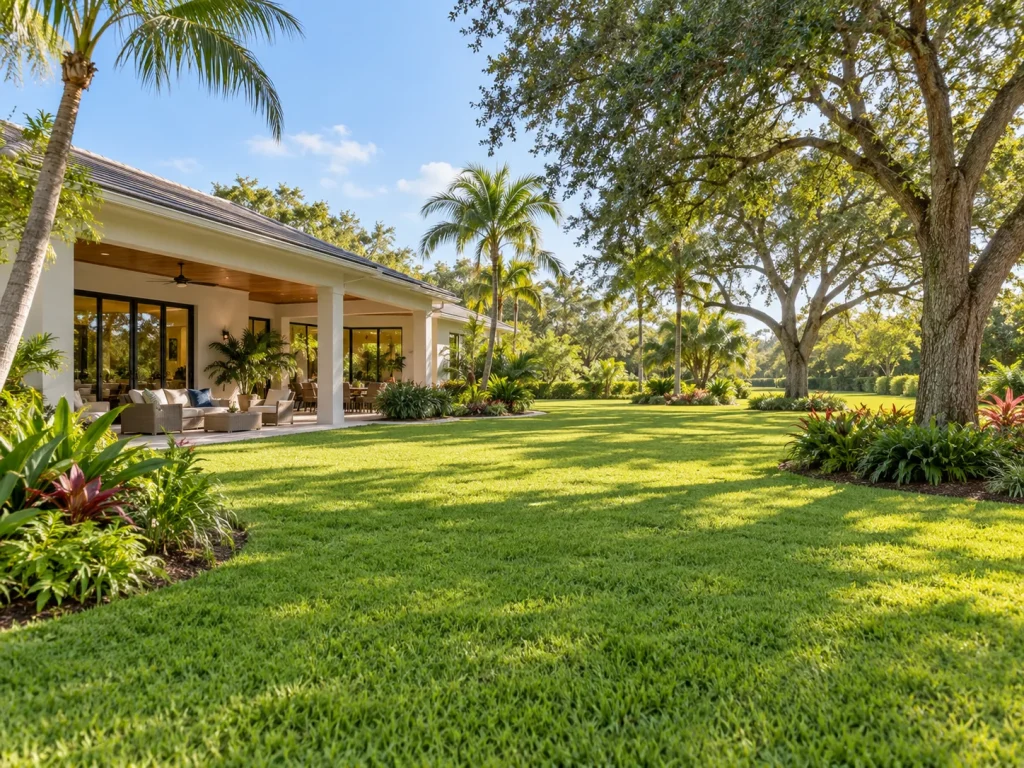 Home with a covered outdoor living area beside a lawn shaded by mature oak trees