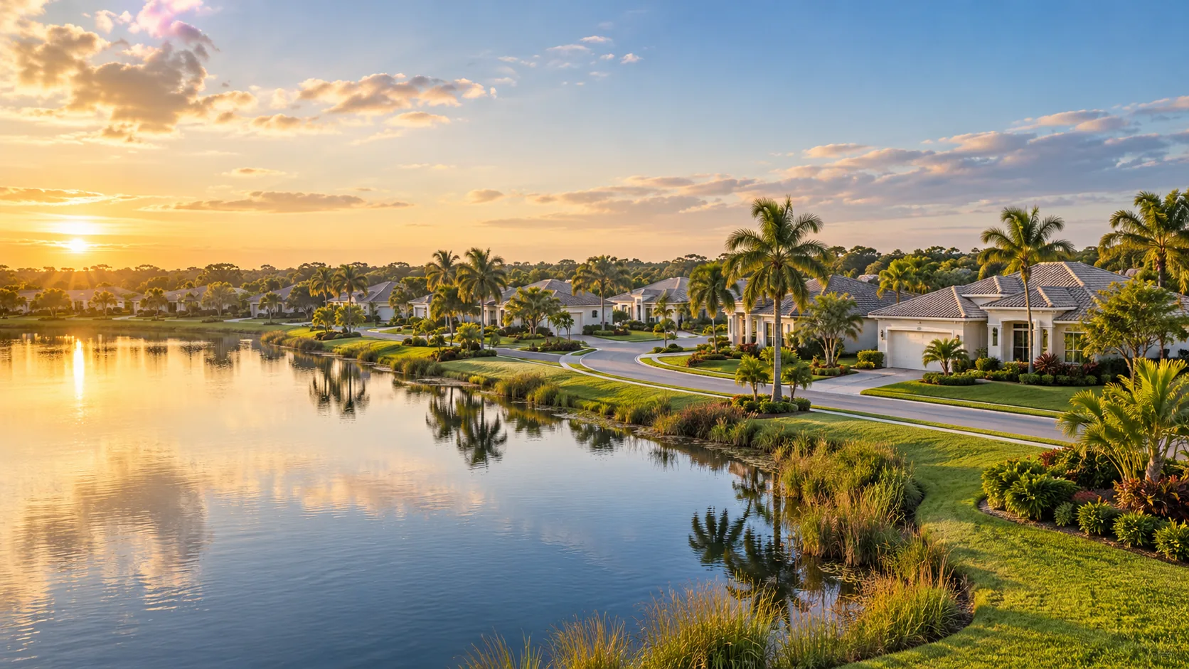 Illustrative lakeside neighborhood with Florida homes, palms, and landscaped streets at golden hour.