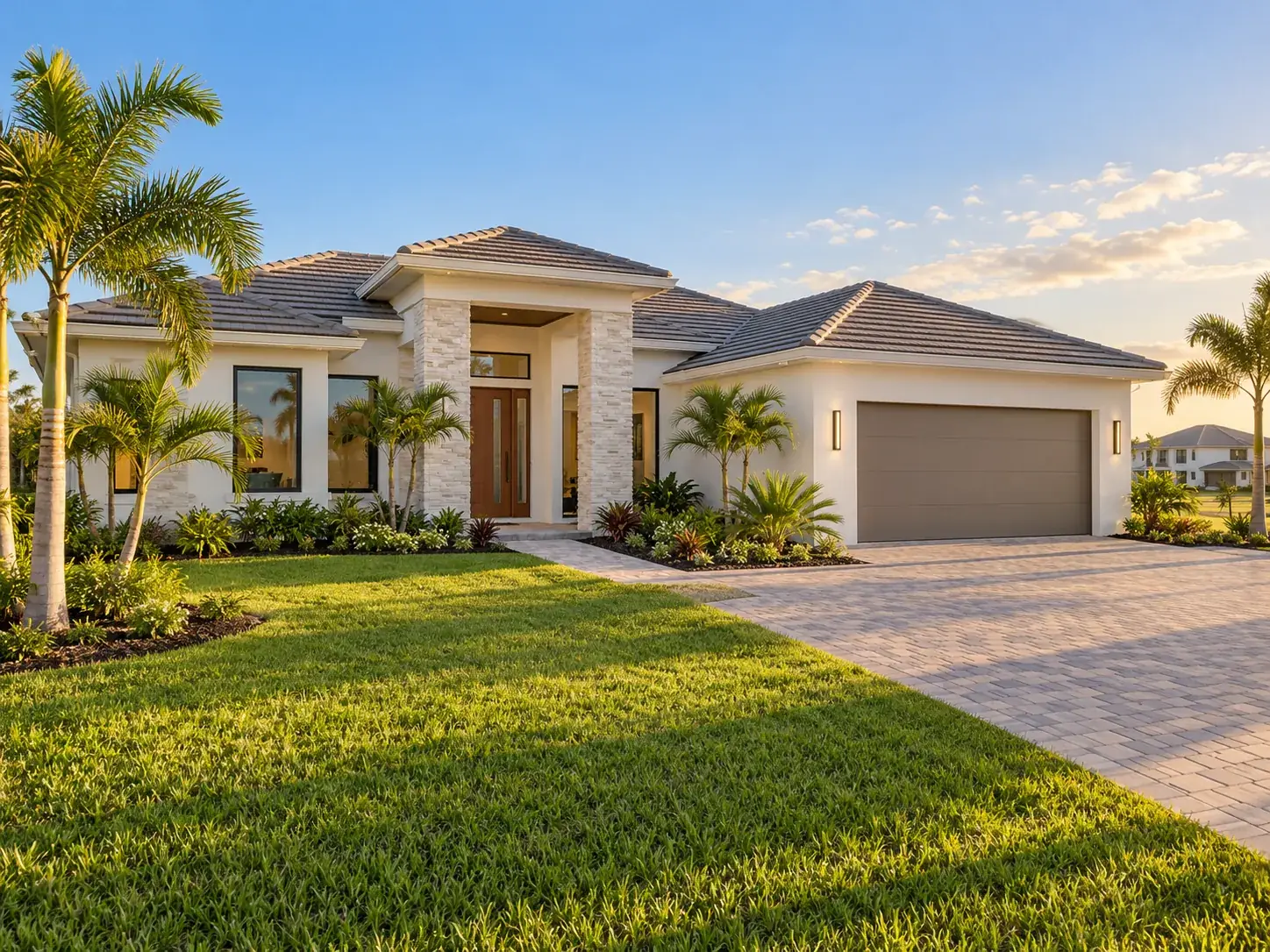 New-construction Florida home with a covered entry, two-car garage, paver driveway, and tropical landscaping.