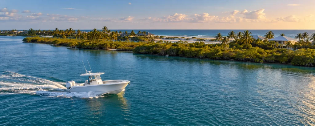 Center console boat cruising turquoise waters past mangrove islands and coastal homes at golden hour