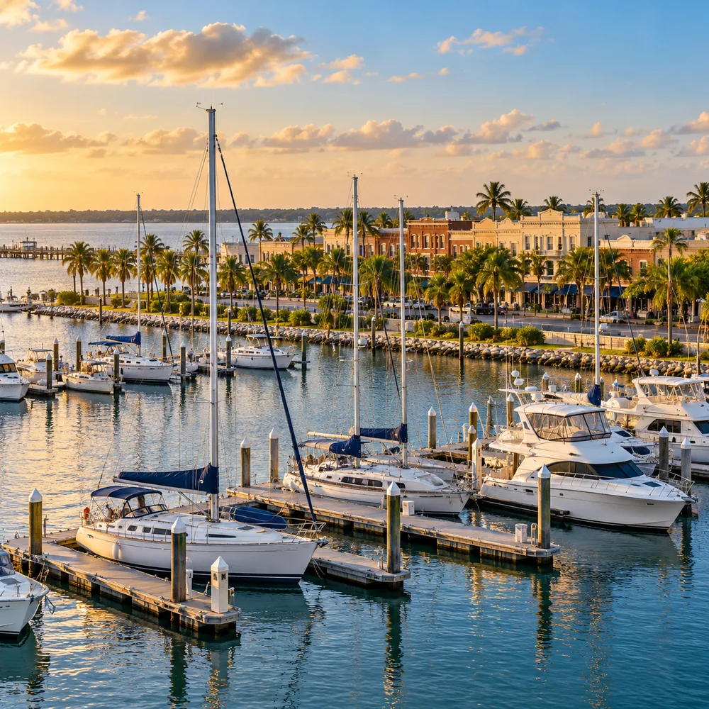 Marina with sailboats and yachts beside a historic downtown waterfront at sunset