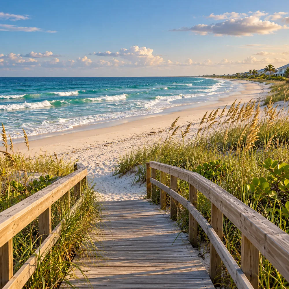 Wooden beach walkover through dunes and sea oats to a white sand beach and turquoise ocean