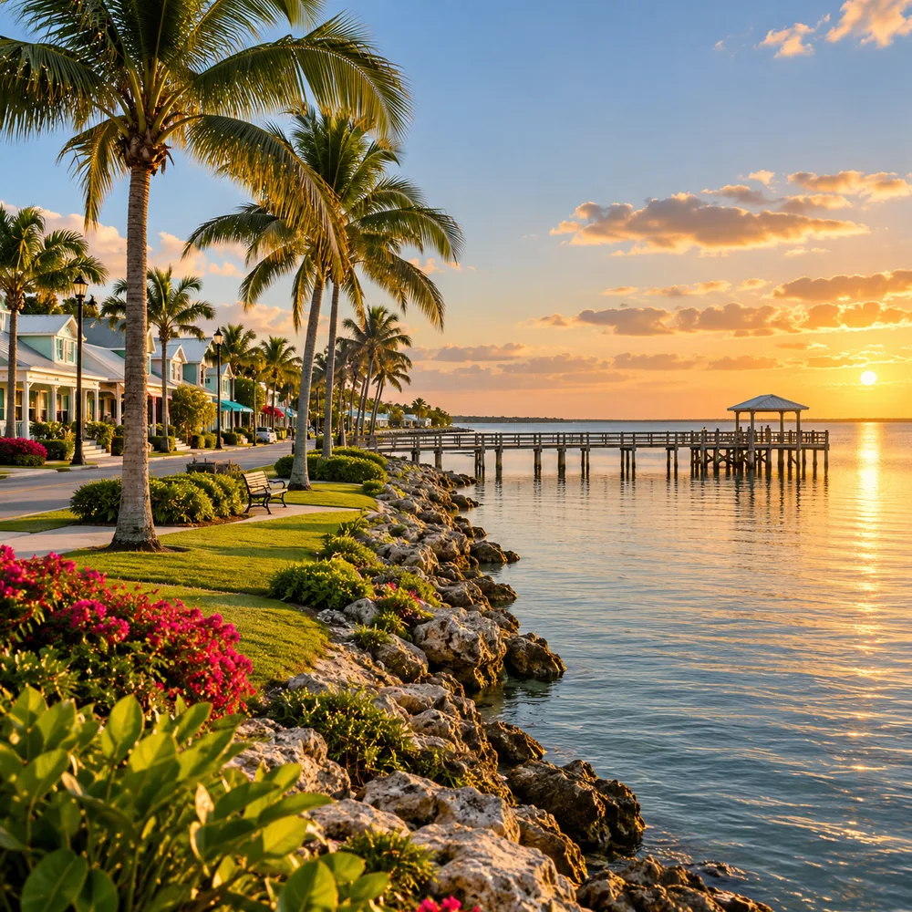 Waterfront park with rock shoreline, fishing pier, pastel homes, and sunset over the water
