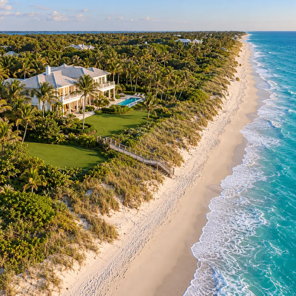 Aerial view of an oceanfront estate with pool and lawn beside a white sand beach and turquoise surf
