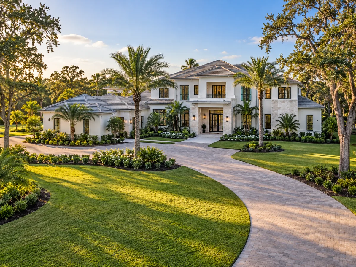 Luxury estate home with circular paver driveway, manicured lawn, and mature oak and palm trees