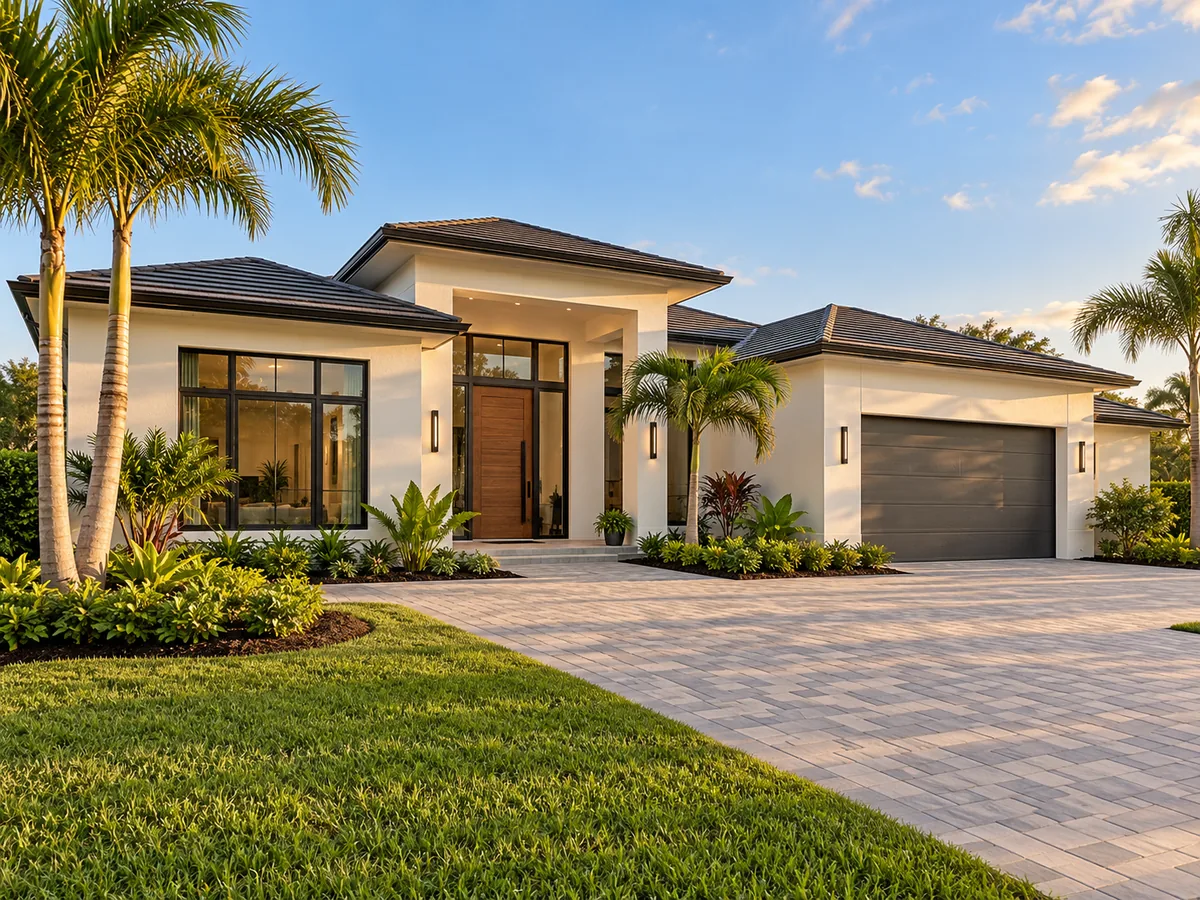 Modern luxury new-construction home with wood front door, paver driveway, and tropical landscaping