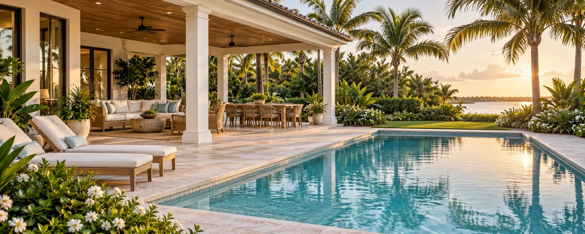 Luxury covered patio with outdoor seating and dining beside a pool overlooking the water at sunset
