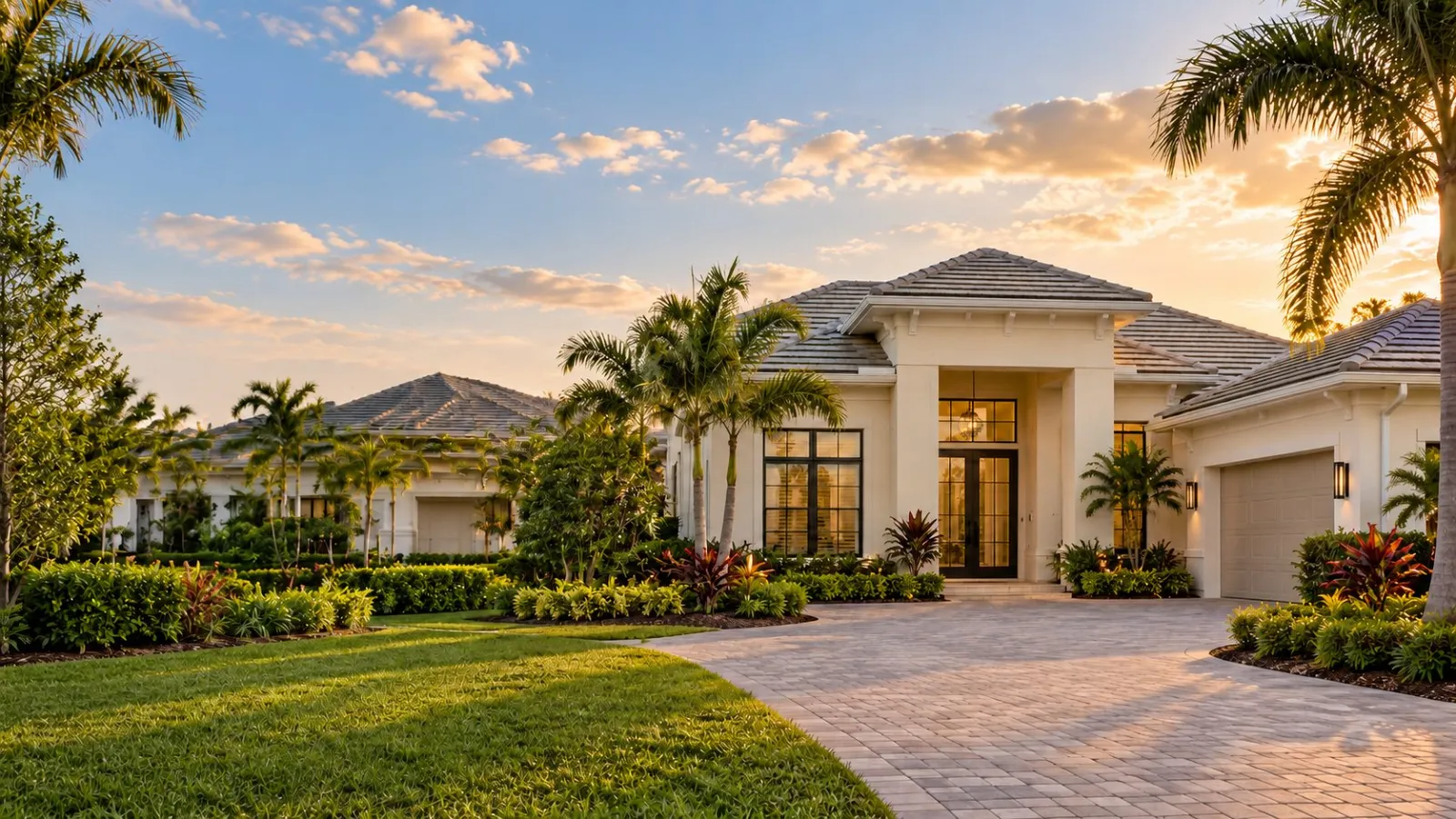 New construction home with paver driveway at sunset on Florida’s Treasure Coast