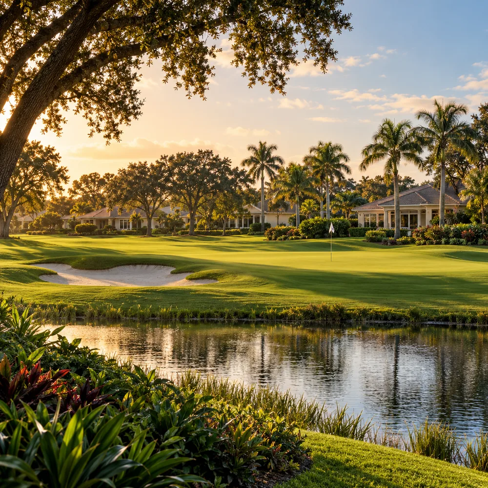Golf course green with sand bunker, oak trees, and homes along a pond at golden hour