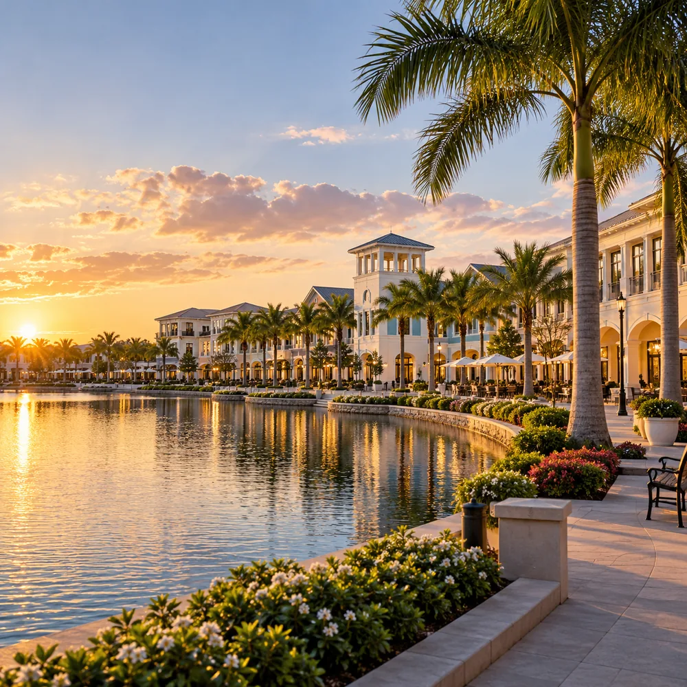Lakefront promenade with palm trees, landscaped walkways, and cream-colored buildings at sunset