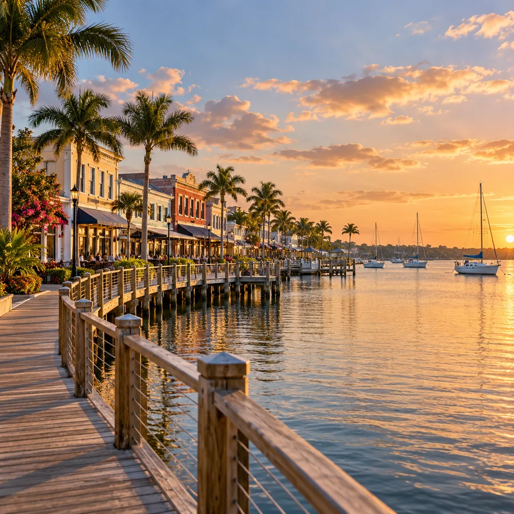 Sunset over the Stuart waterfront boardwalk and marina on Florida's Treasure Coast