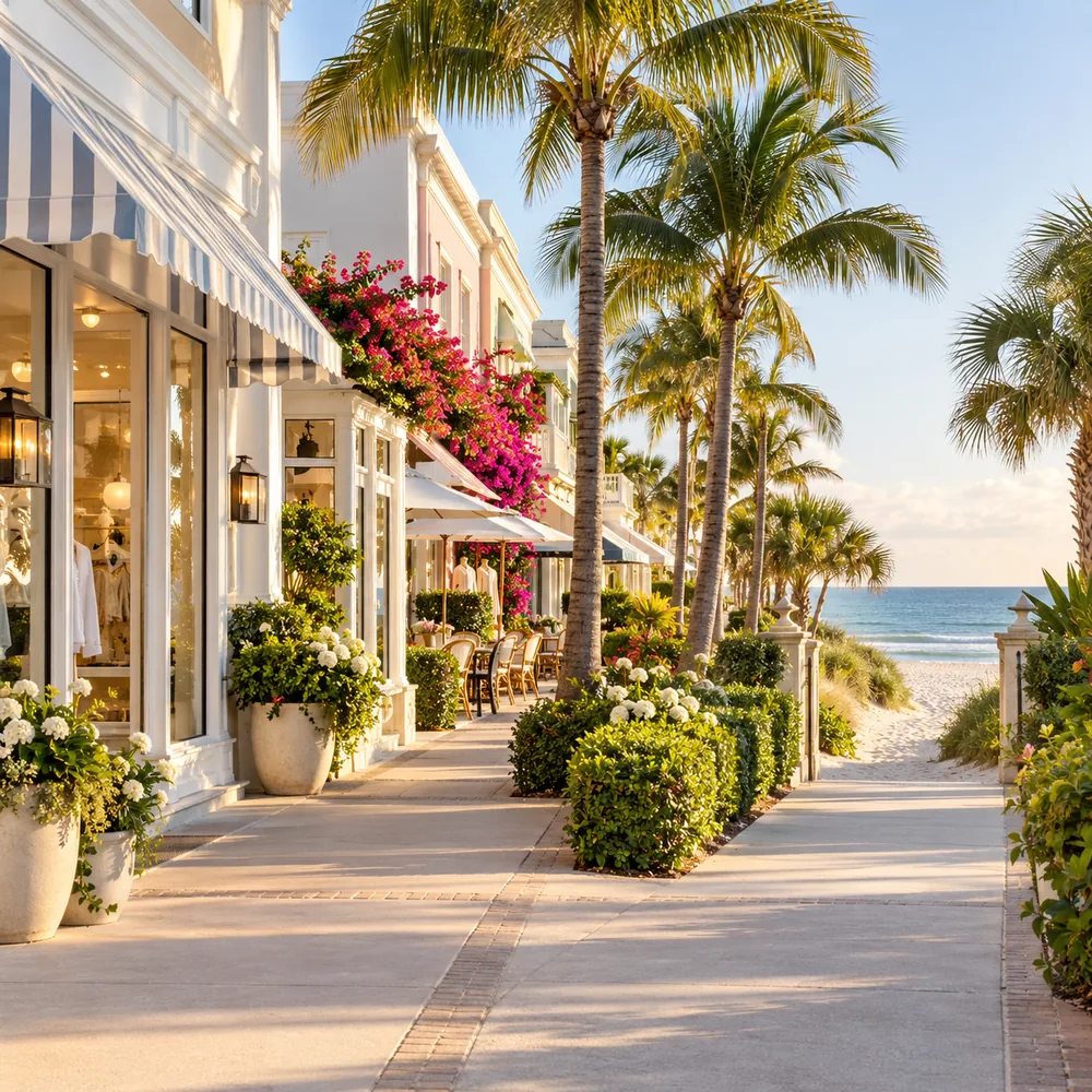 Palm-lined shopping street with striped awnings and bougainvillea leading to the beach