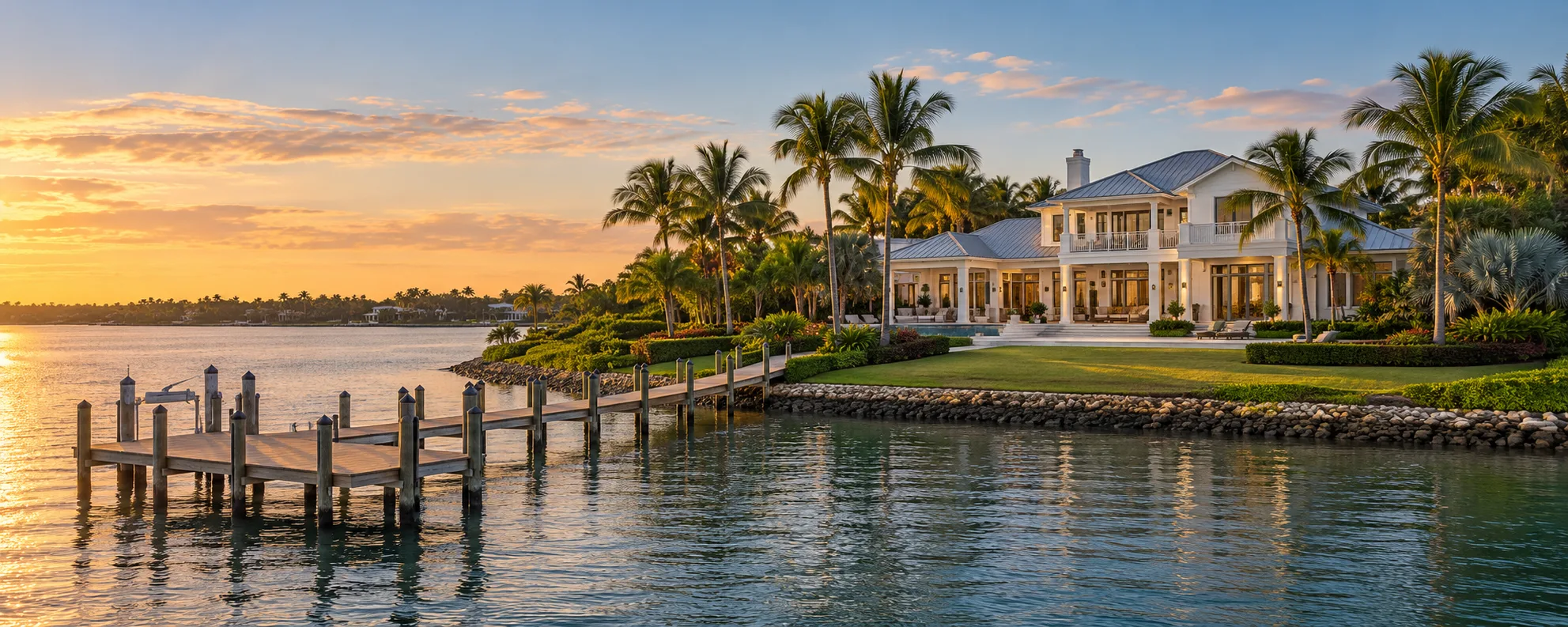 Waterfront estate with private dock, palm trees, and manicured lawn at sunset