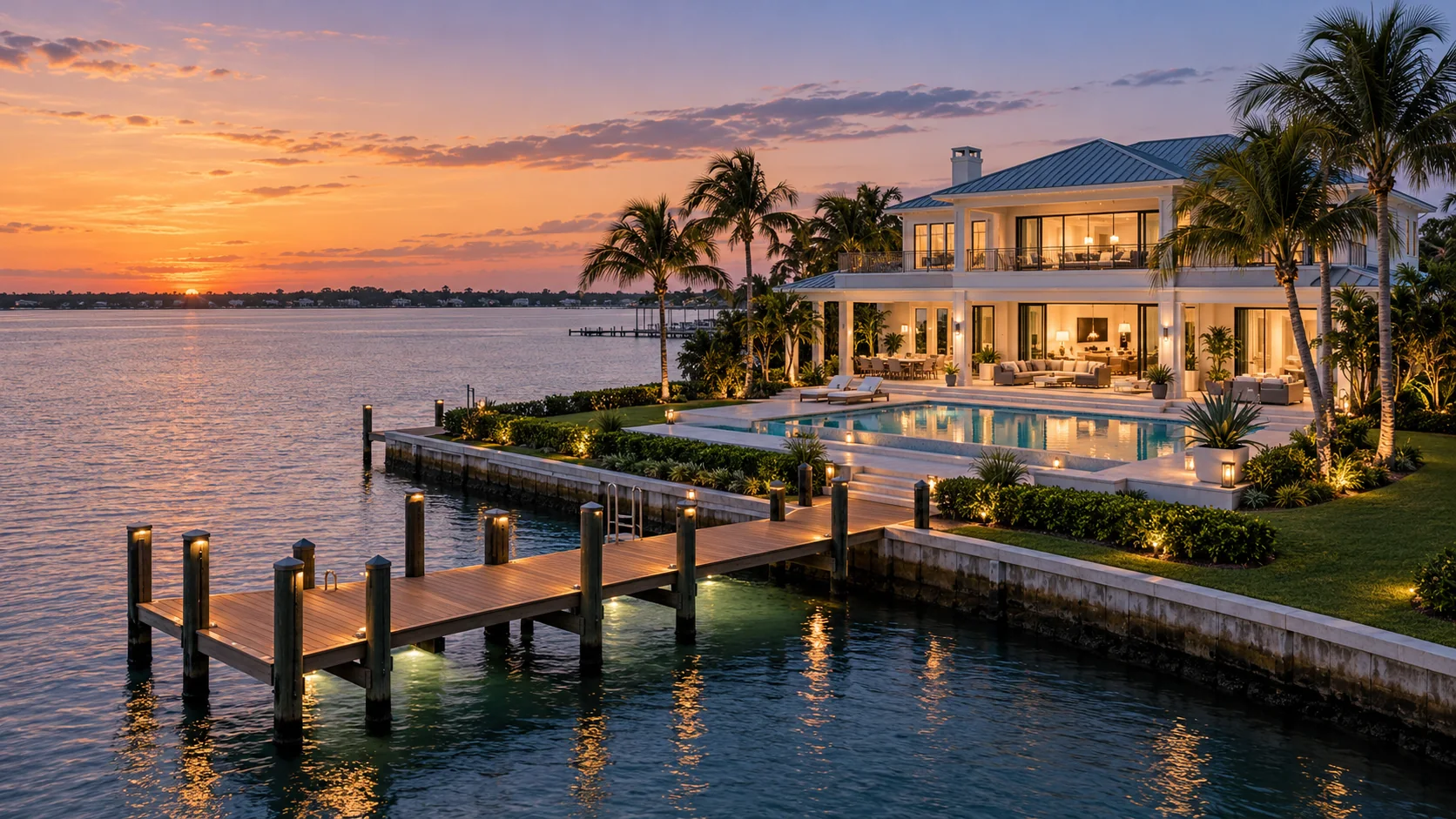 Luxury waterfront estate with private dock, pool, and palm trees on the Indian River at sunset, Treasure Coast, Florida