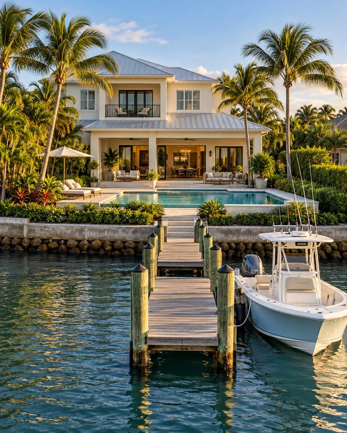 Florida waterfront home with a pool, private dock, boat, and palm trees overlooking the water.