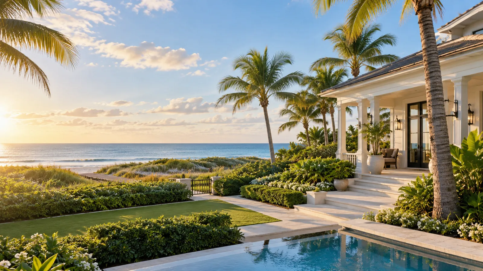Coastal home with palm trees overlooking the Atlantic at sunset